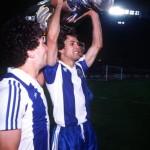 Football. European Cup Final. Vienna, Austria. 27th May 1987. Porto 2 v Bayern Munich 1. Porto's Raber Madjer holds the trophy aloft.