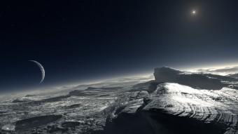 Rappresentazione artistica di come potrebbe apparire la superficie di Plutone. Sulla sinistra la falce della luna Caronte; sulla destra  il Sole, 1000 volte più pallido di quanto appaia da Terra. Crediti: ESO/ L. Calçada