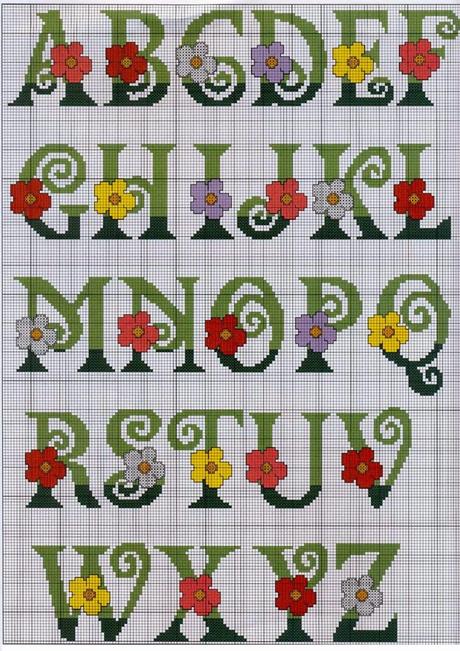 Schema per il punto croce: Alfabeto con i fiori