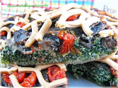 Crostata salata di agretti con ricotta e funghi cremini al profumo di basilico