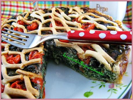 Crostata salata di agretti con ricotta e funghi cremini al profumo di basilico