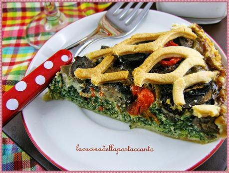 Crostata salata di agretti con ricotta e funghi cremini al profumo di basilico