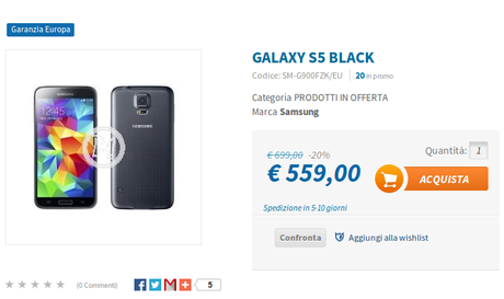 Samsung Galaxy S5 disponibile a 559 euro da Techmania