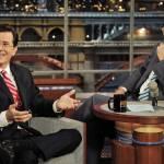 David Letterman e suo successore Stephen Colbert insieme al “Late show”