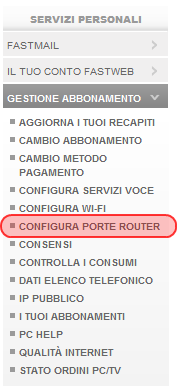 Fastweb - MyFastPage - Configura Porte Router