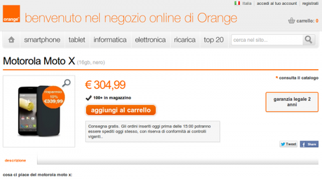 Motorola Moto X Orange Online Store Italia 600x334 Motorola Moto X in offerta da Orange a 304 euro smartphone  Motorola Moto X 