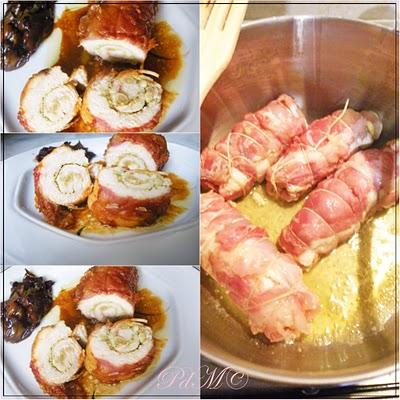 Involtini di tacchino con granella di pistacchio, pinoli e camicia di pancetta, al moscato