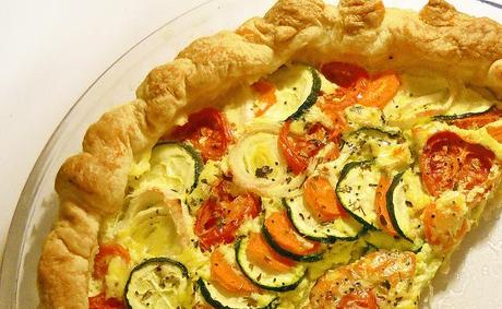 Cheese and leek pie with rainbow/vegetables