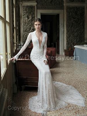 Trumpet/Mermaid V-neck Lace Court Train Draped Wedding Dresses#00020410