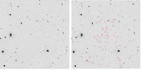 A sinistra, Segue 1 (la galassia non è visibile); a destra, le stelle che fanno parte di Segue 1 (cerchiate). Crediti: Marla Geha Yale University