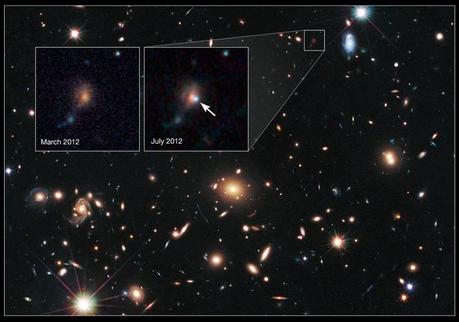 La lente cosmica MACS J1720+35 aiuta Hubble a trovare una supernova lontana. Questa immagine è stata scattata tra marzo e giugno 2012 con la Wide Field Camera 3 e l'Advanced Camera for Surveys di Hubble. Crediti: NASA, ESA, S. Perlmutter (UC Berkeley, LBNL), A. Koekemoer (STScI), M. Postman (STScI), A. Riess (STScI/JHU), J. Nordin (LBNL, UC Berkeley), D. Rubin (Florida State), and C. McCully (Rutgers University)
