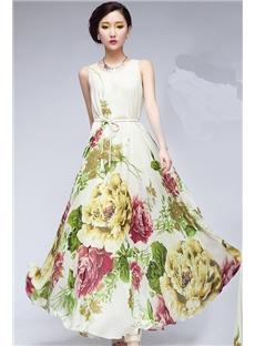 Sleeveless Nipped Print Long Chiffon Dress