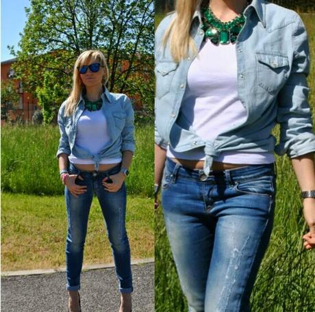 outfit jeans e camicia outfit tacchi e jeans outfit total denim outfit camicia di jeans annodata come abbinare la camicia di jeans abbinamenti camicia di jeans outfit borsa fornarina orologio casio bracciale azzurro il centimetro camicia in denim chiaro fashion blogger italiane milano outfit aprile 2014 outfit primaverili outfit jeans strappato camicia benetton scarpe in denim replay collana verde smeraldo occhiali lenti a specchio spektre