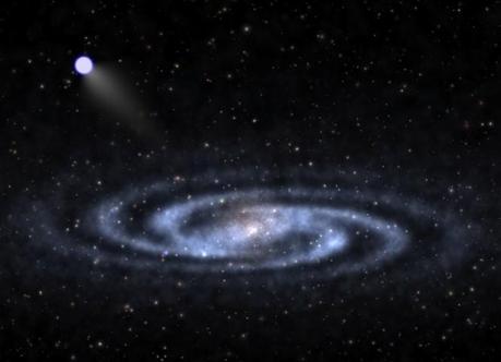Rappresentazione artistica di una stella che si allontana a ipervelocità dalla parte visibile di una galassia simile alla Via Lattea, addentrandosi nell’alone di materia oscura. Crediti: Ben Bromley, University of Utah