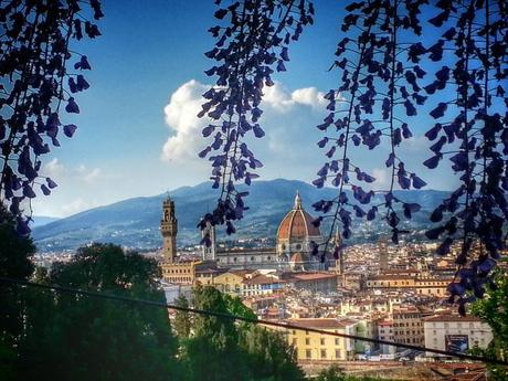 La vista su Firenze incorniciata dai glicini in fiore a Giardino Bardini