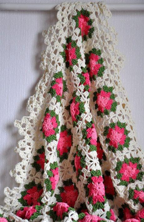 Blanket - Hand Crocheted in Cream Pink and Green Colors -  Granny Square Afghan dreamt fresht teamspirit. $87.00, via Etsy.