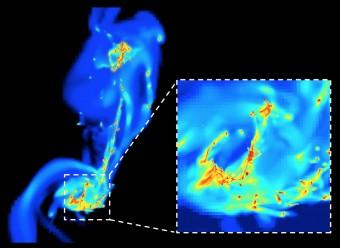 Un fotogramma della simulazione delle galassie Antenne in collisione. Le stelle si formano nelle regioni dove la densità di materia è maggiore (indicate dai colori giallo e rosso). Crediti: F. Renaud / CEA-Sap