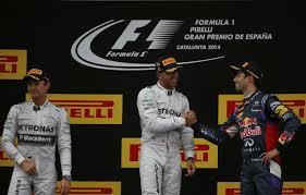 Il podio del Gp di Spagna 2014, Hamilton, Rosberg e Ricciardo