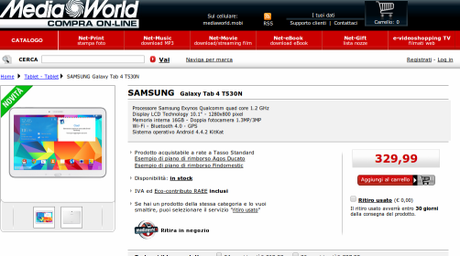 Samsung Galaxy Tab 4 10.1 arriva in Italia da Mediaworld