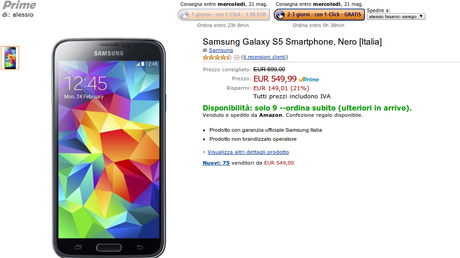 Offertona: Samsung Galaxy S5 Garanzia Italia a 549 euro su Amazon