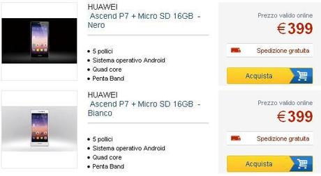 ascend p7 euronics Huawei Ascend P7, già disponibile da Mediaworld ed Euronics smartphone  mediaworld huawei ascend P7 euronics 