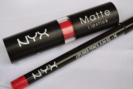 Nyx Matte Lipstick Bloody Mary + Nyx Lipliner Pencil 813 Plush Red Swatches