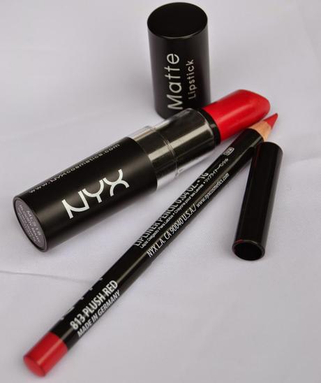 Nyx Matte Lipstick Bloody Mary + Nyx Lipliner Pencil 813 Plush Red Swatches