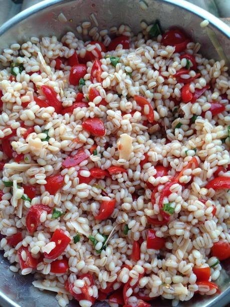 Orzo, pomodori datterini, basilico, parmigiano reggiano in scaglie