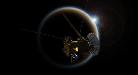 La sonda Cassini nell'orbita di Titano. Crediti: rendering NASA / JPL-Caltech.