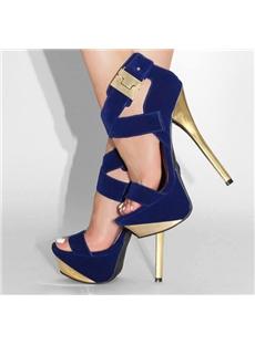 Charming Blue Sequin Stiletto Platform Ankle Strap High Heel Sandals 