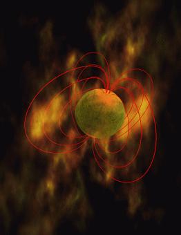 Rappresentazione artistica di una magnetar,  con le linee di forza del suo campo magnetico (in rosso). Crediti: NASA