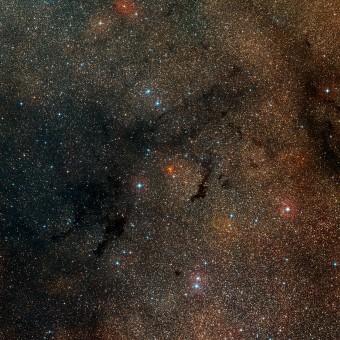 L'ammasso Westerlund 1 (punto arancione al centro dell'immagine), nella costellazione dell'Altare. Crediti: ESO/Digitized Sky Survey 2