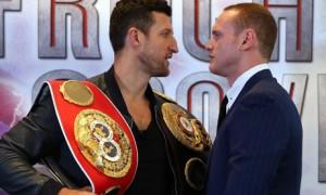 Carl Froch, holding the WBA and IBF belts, comes face-to-face with George Groves on Tuesday.