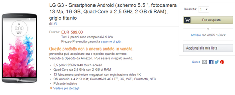 lg g3 amazon LG G3 in Europa: variante 16 GB a 599€ su Amazon Spagna smartphone  smartphone android lg g3 amazon spagna 