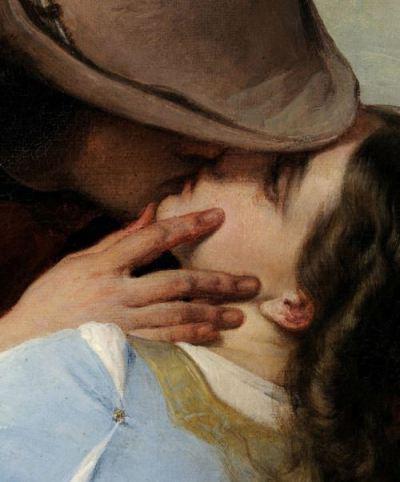 Francesco Hayez The Kiss 1859 detail ArtistaFrancesco Hayez Anno1859 Tipoolio su tela Dimensioni110 centimetri × 88 centimetri (43 in x 35 in) Posizione	Pinacoteca di Brera , Milano 