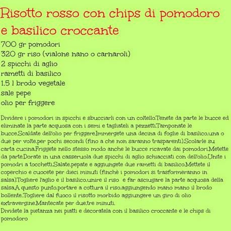 Risotto rosso con chips di pomodoro e basilico croccante e la promessa