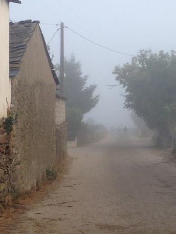 Un'insolita immagine di pellegrini nella nebbia