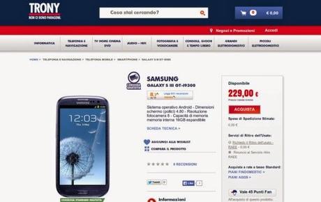 Promozione Samsung Galaxy S3: disponibile da Trony a 229 euro