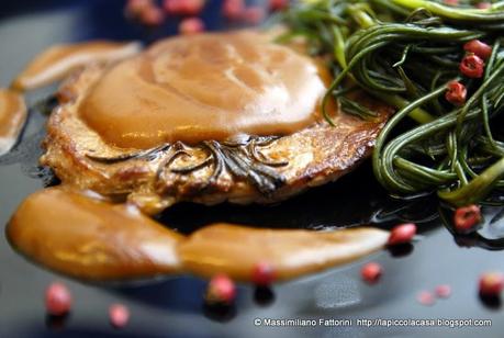 Bistecca di vitellone in salsa al brandy con agretti ( barba di frate ) al pepe rosa - una verdura di stagione davvero ottima