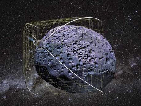 Rendering grafico del Weightless Rendezvous And Net Grapple to Limit Excess Rotation (WRANGLER). Un agile macchinario acchiappa asteroidi. Crediti: NASA.