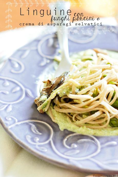 Linguine con funghi porcini e crema di asparagi selvatici