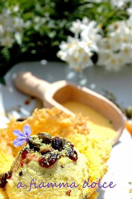 Sformatino di ricotta di malga e zucchine su cestino di polenta e grana, con pistacchi, gelatina di Lagrein e balsamico trentino