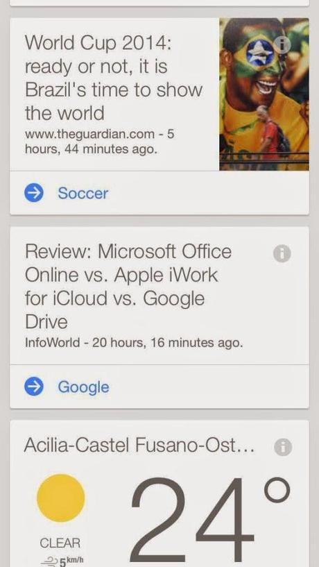 Mondiali 2014, Google now introduce le card informative