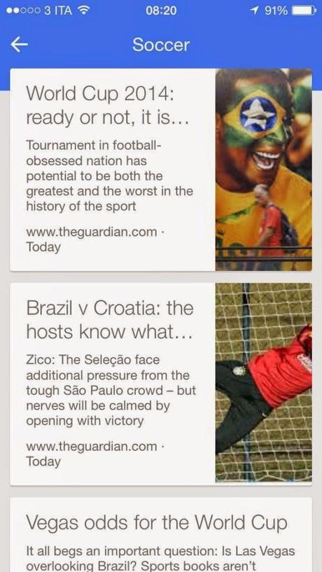 Mondiali 2014, Google now introduce le card informative