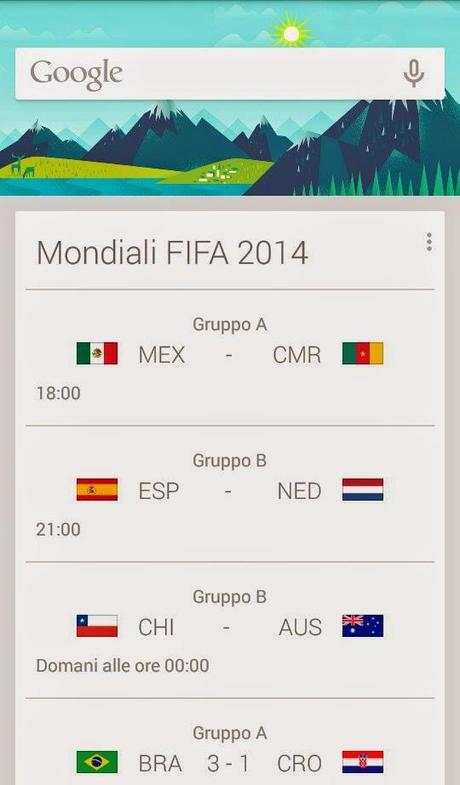 Mondiali 2014, Google now introduce le card informative