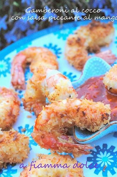 Gamberoni al cocco con salsa piccante al mango