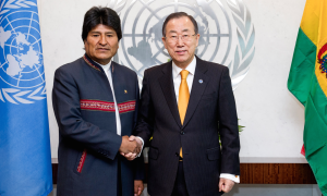 Il presidente boliviano Evo Morales insieme a Ban Ki Moon, segretario generale Onu (fotospublicas.com)