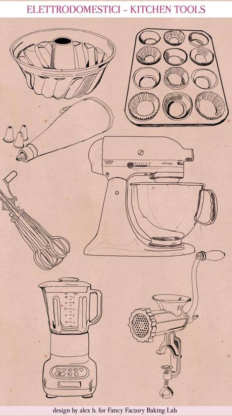 KITCHEN TOOLS, HAND-DRAWN KITCHEN ILLUSTRATIONS FOR FANCY FACTORY, COOKING TOOLS, RICETTE ILLUSTRATE
