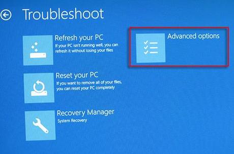 Schermata Risoluzione dei problemi con Opzioni avanzate selezionata