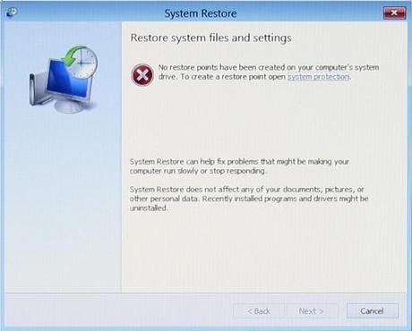 Messaggio di errore visualizzato quando sul computer non è stato creato alcun punto di ripristino